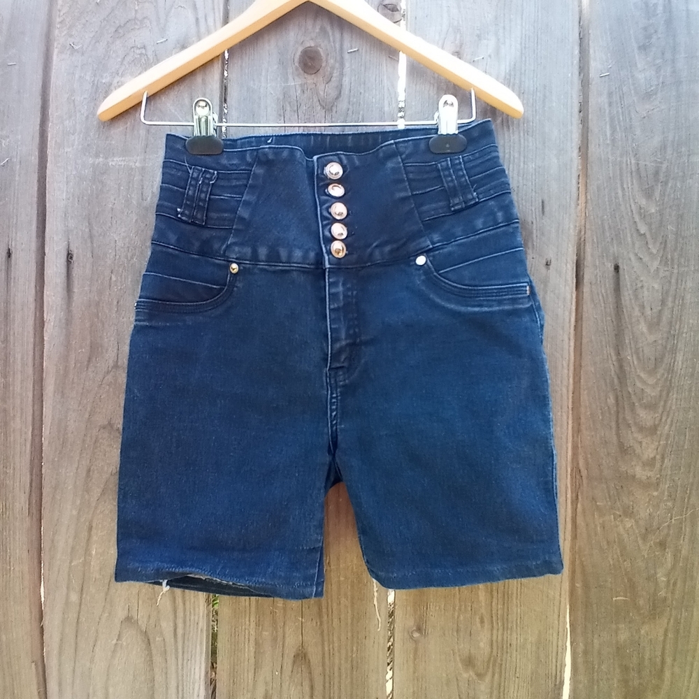 Hight Waisted Denim Short Mitzi Michel 11 Five Button-Zip Closure Blue Wash